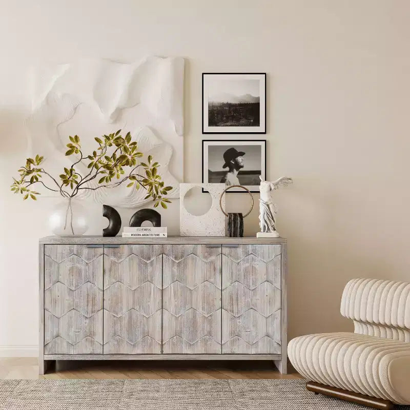 Okak Farmhouse Accent Cabinet, Sideboard Cabinet with Four Carved Patterns Doors, Storage Cabinet for Kitchen, Dining Room, Entryway