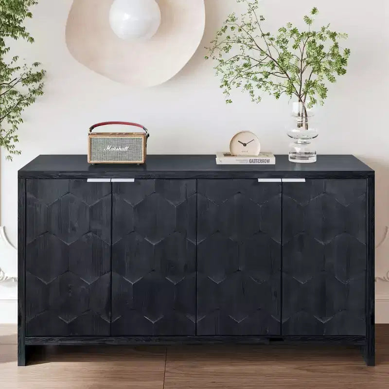 Okak Farmhouse Accent Cabinet, Sideboard Cabinet with Four Carved Patterns Doors, Storage Cabinet for Kitchen, Dining Room, Entryway