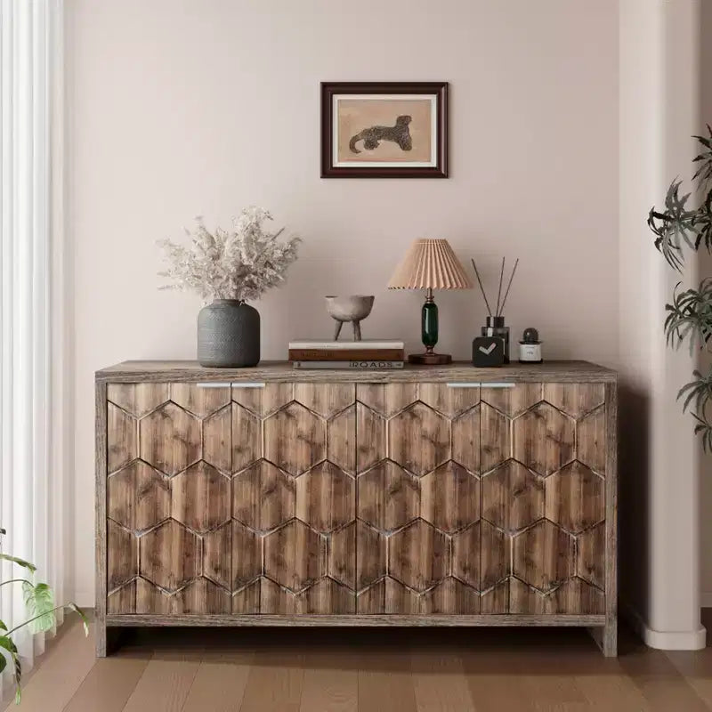 Okak Farmhouse Accent Cabinet, Sideboard Cabinet with Four Carved Patterns Doors, Storage Cabinet for Kitchen, Dining Room, Entryway