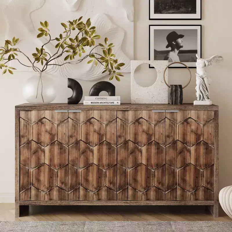 Okak Farmhouse Accent Cabinet, Sideboard Cabinet with Four Carved Patterns Doors, Storage Cabinet for Kitchen, Dining Room, Entryway