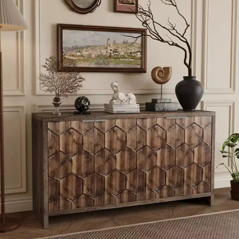 Okak Farmhouse Accent Cabinet, Sideboard Cabinet with Four Carved Patterns Doors, Storage Cabinet for Kitchen, Dining Room, Entryway