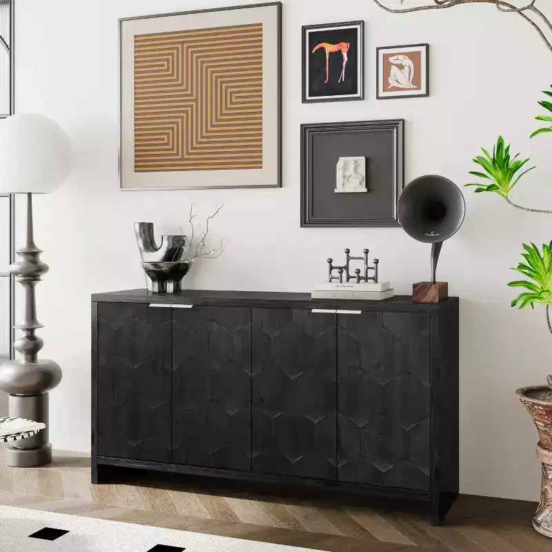 Okak Farmhouse Accent Cabinet, Sideboard Cabinet with Four Carved Patterns Doors, Storage Cabinet for Kitchen, Dining Room, Entryway