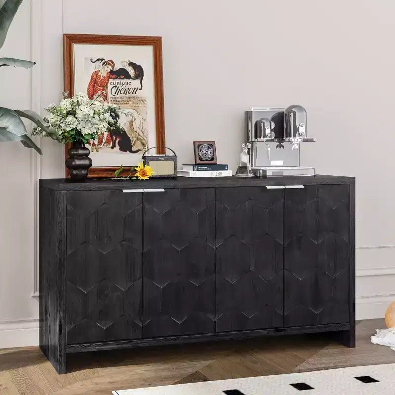 Okak Farmhouse Accent Cabinet, Sideboard Cabinet with Four Carved Patterns Doors, Storage Cabinet for Kitchen, Dining Room, Entryway