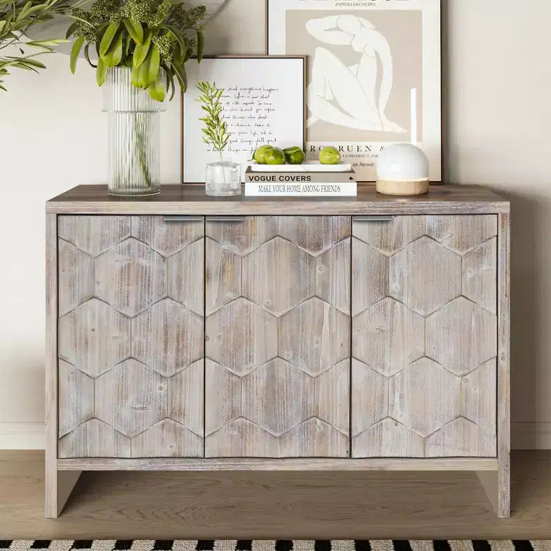Okak Farmhouse Accent Cabinet, Sideboard Cabinet with Four Carved Patterns Doors, Storage Cabinet for Kitchen, Dining Room, Entryway