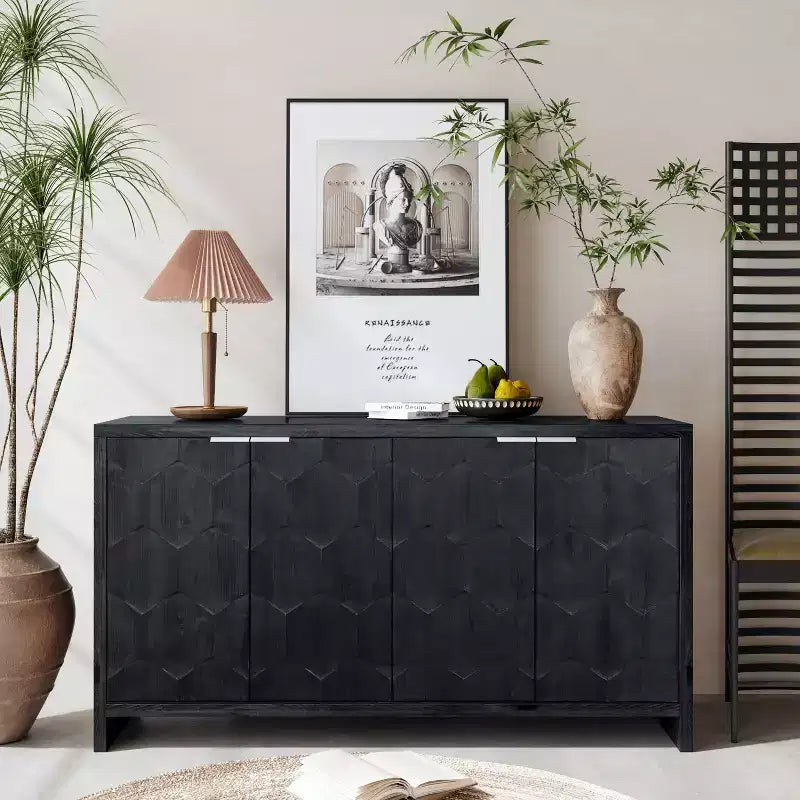 Okak Farmhouse Accent Cabinet, Sideboard Cabinet with Four Carved Patterns Doors, Storage Cabinet for Kitchen, Dining Room, Entryway