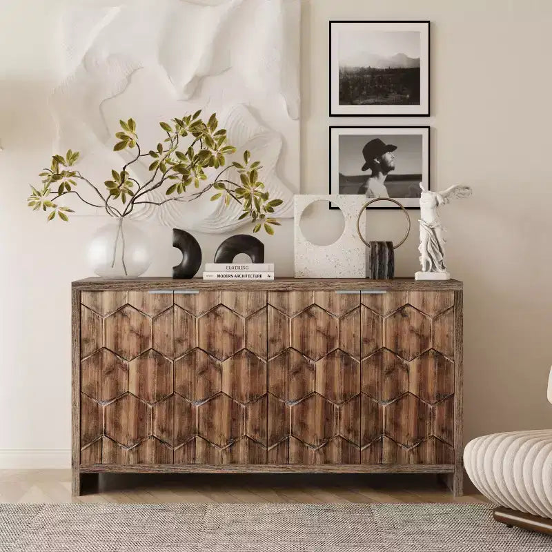 Okak Farmhouse Accent Cabinet, Sideboard Cabinet with Four Carved Patterns Doors, Storage Cabinet for Kitchen, Dining Room, Entryway