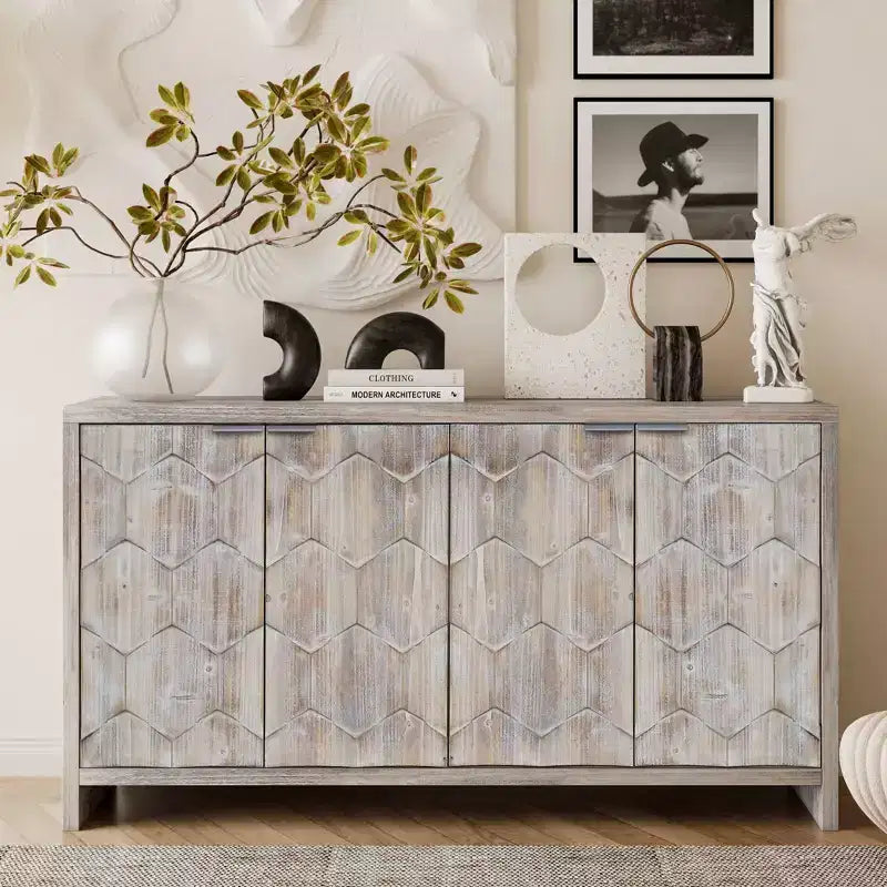 Okak Farmhouse Accent Cabinet, Sideboard Cabinet with Four Carved Patterns Doors, Storage Cabinet for Kitchen, Dining Room, Entryway