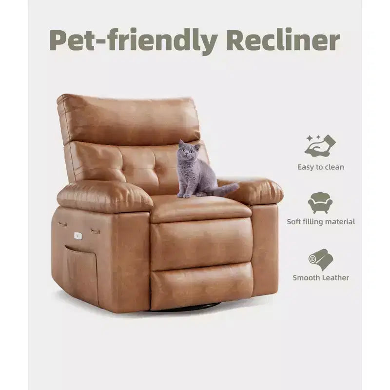 PU Leather Manual Recliner, 360 Degree Rotating Adult Rocking Chair with Side Pockets, Modern Single Sofa Recliner, Beige