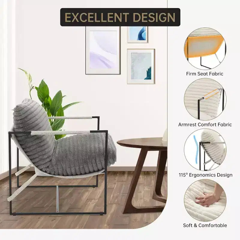 Living Room Sling Chair, Set of 2, Metal Frame with Armrests, Shredded Foam Cushion, Oversized Lounge Chair for Bedroom, Study, Light Gray