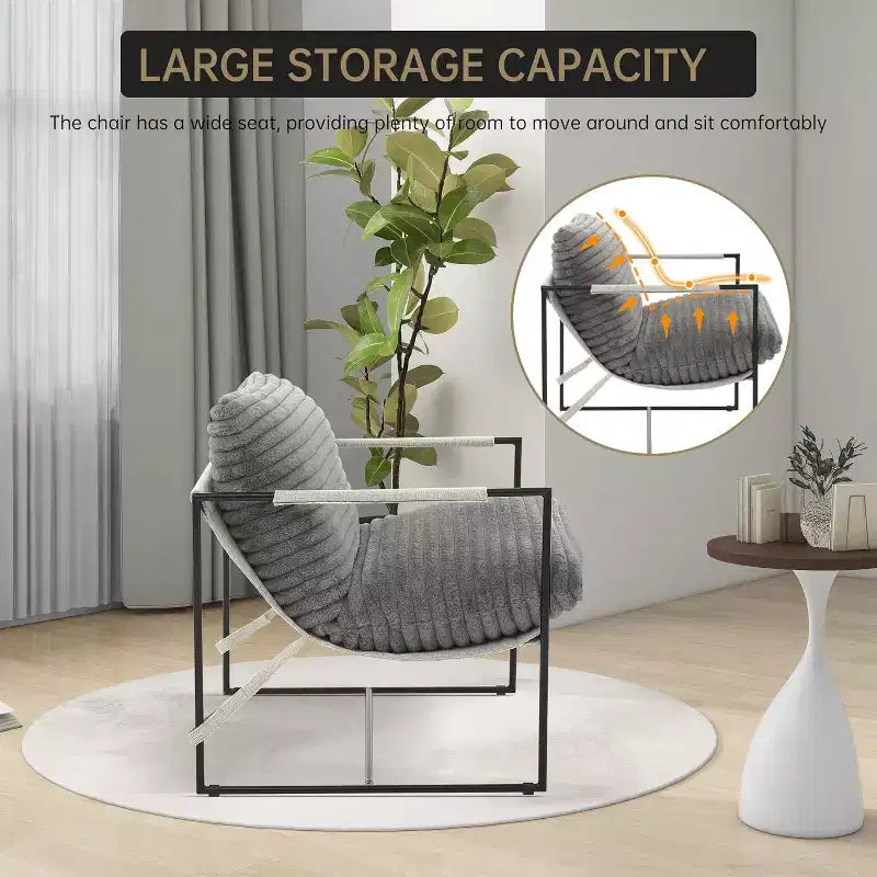 Living Room Sling Chair, Set of 2, Metal Frame with Armrests, Shredded Foam Cushion, Oversized Lounge Chair for Bedroom, Study, Light Gray