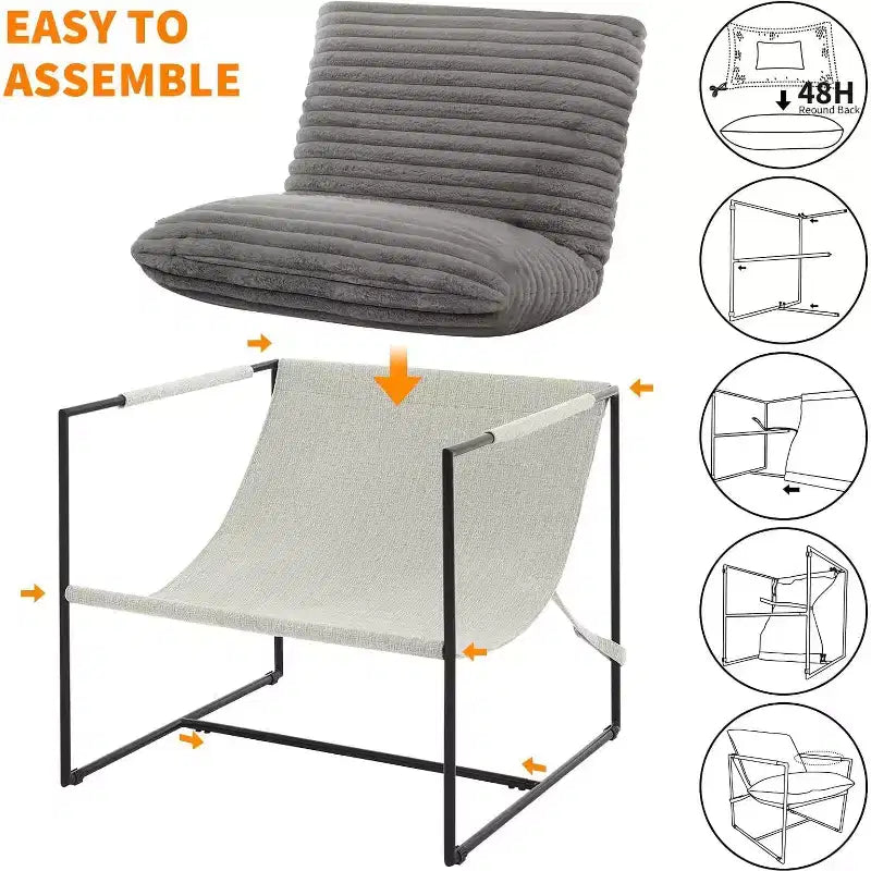 Living Room Sling Chair, Set of 2, Metal Frame with Armrests, Shredded Foam Cushion, Oversized Lounge Chair for Bedroom, Study, Light Gray