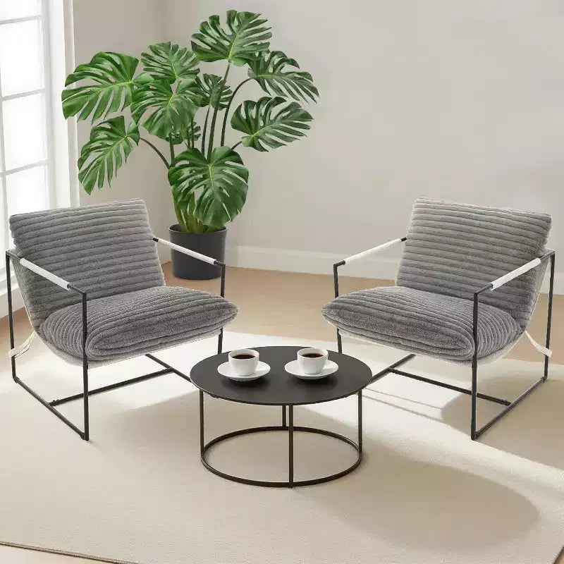 Living Room Sling Chair, Set of 2, Metal Frame with Armrests, Shredded Foam Cushion, Oversized Lounge Chair for Bedroom, Study, Light Gray