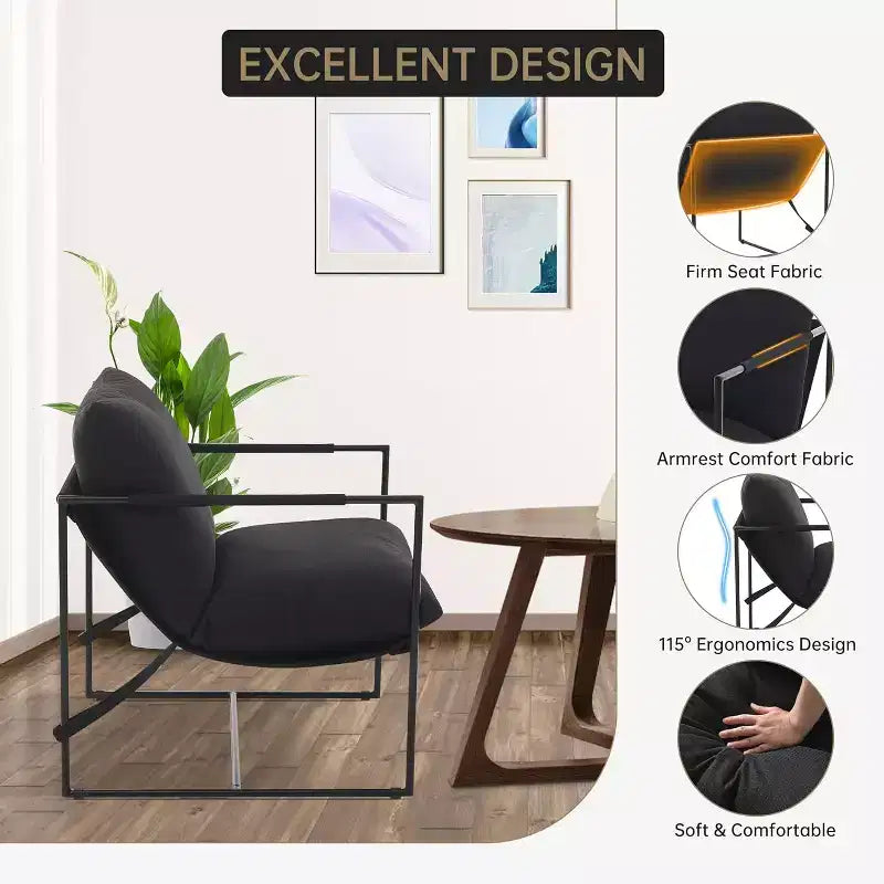Living Room Sling Chair, Set of 2, Metal Frame with Armrests, Shredded Foam Cushion, Oversized Lounge Chair for Bedroom, Study, Light Gray