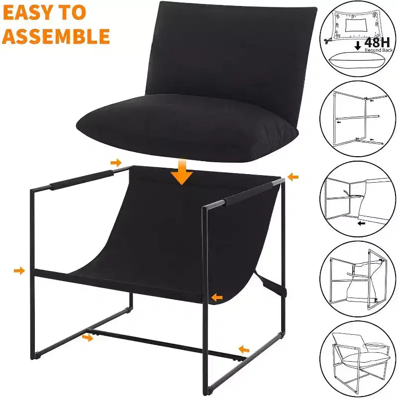 Living Room Sling Chair, Set of 2, Metal Frame with Armrests, Shredded Foam Cushion, Oversized Lounge Chair for Bedroom, Study, Light Gray