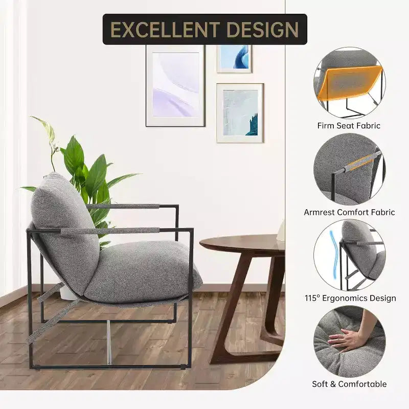 Living Room Sling Chair, Set of 2, Metal Frame with Armrests, Shredded Foam Cushion, Oversized Lounge Chair for Bedroom, Study, Light Gray