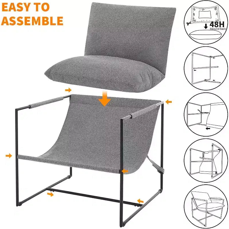 Living Room Sling Chair, Set of 2, Metal Frame with Armrests, Shredded Foam Cushion, Oversized Lounge Chair for Bedroom, Study, Light Gray