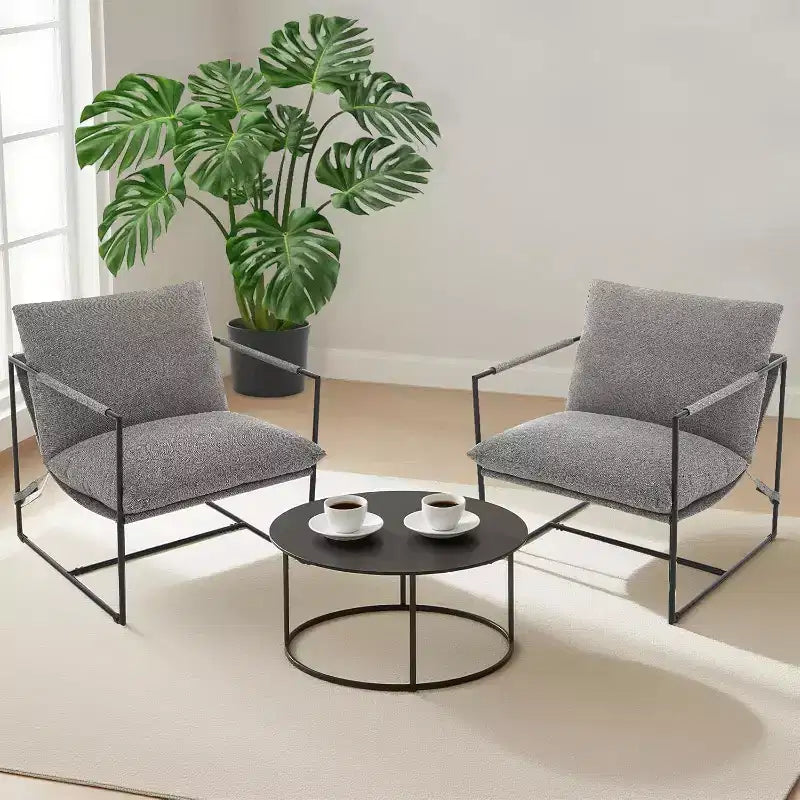Living Room Sling Chair, Set of 2, Metal Frame with Armrests, Shredded Foam Cushion, Oversized Lounge Chair for Bedroom, Study, Light Gray