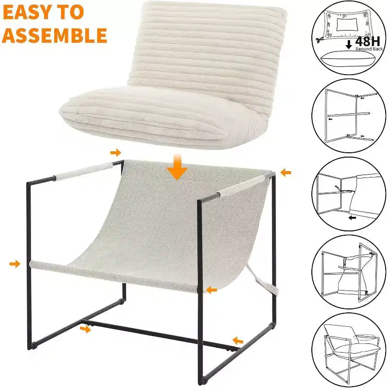 Living Room Sling Chair, Set of 2, Metal Frame with Armrests, Shredded Foam Cushion, Oversized Lounge Chair for Bedroom, Study, Light Gray