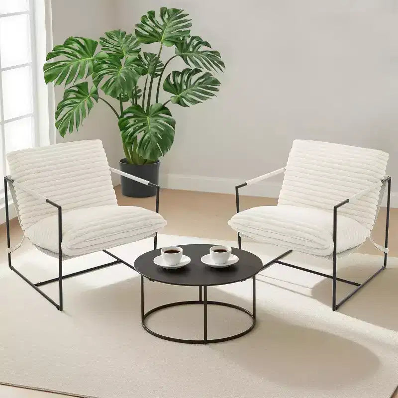 Living Room Sling Chair, Set of 2, Metal Frame with Armrests, Shredded Foam Cushion, Oversized Lounge Chair for Bedroom, Study, Light Gray