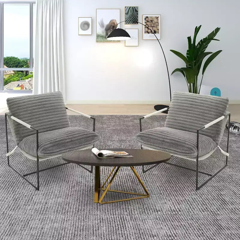 Living Room Sling Chair, Set of 2, Metal Frame with Armrests, Shredded Foam Cushion, Oversized Lounge Chair for Bedroom, Study, Light Gray