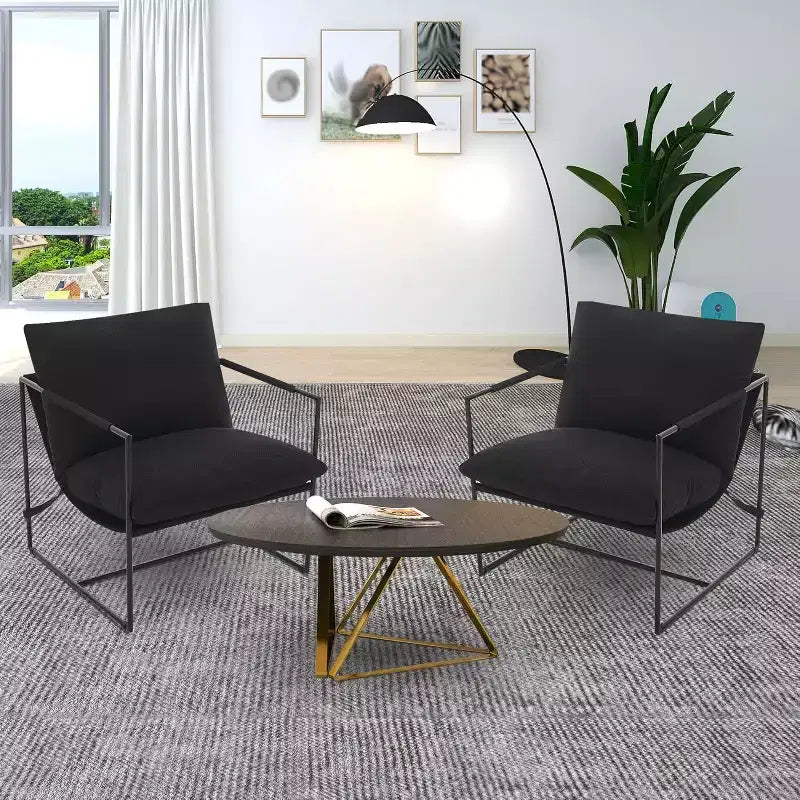 Living Room Sling Chair, Set of 2, Metal Frame with Armrests, Shredded Foam Cushion, Oversized Lounge Chair for Bedroom, Study, Light Gray