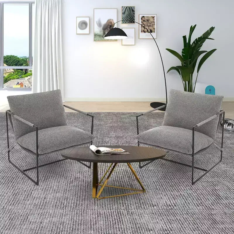 Living Room Sling Chair, Set of 2, Metal Frame with Armrests, Shredded Foam Cushion, Oversized Lounge Chair for Bedroom, Study, Light Gray