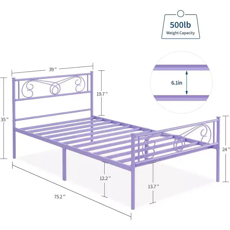 Purple Twin Metal Bed Frame with Headboard, Footboard, 12.2-Inch Storage, Steel Slats, No Box Spring