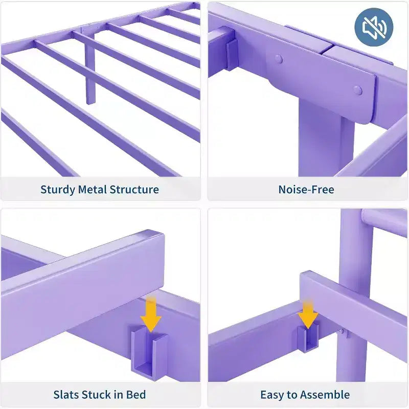 Purple Twin Metal Bed Frame with Headboard, Footboard, 12.2-Inch Storage, Steel Slats, No Box Spring