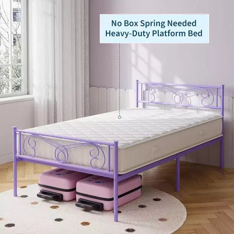 Purple Twin Metal Bed Frame with Headboard, Footboard, 12.2-Inch Storage, Steel Slats, No Box Spring