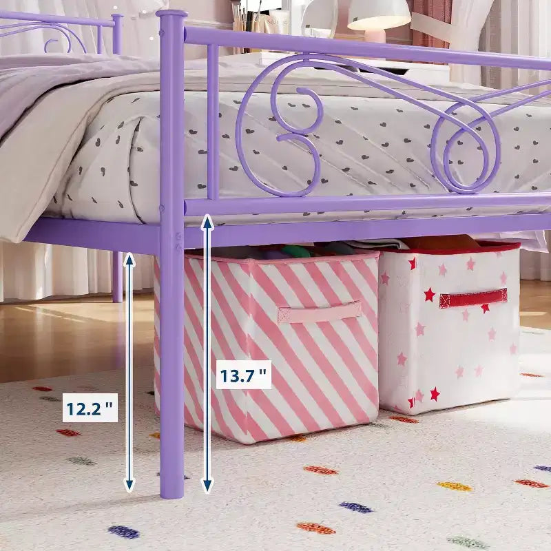 Purple Twin Metal Bed Frame with Headboard, Footboard, 12.2-Inch Storage, Steel Slats, No Box Spring