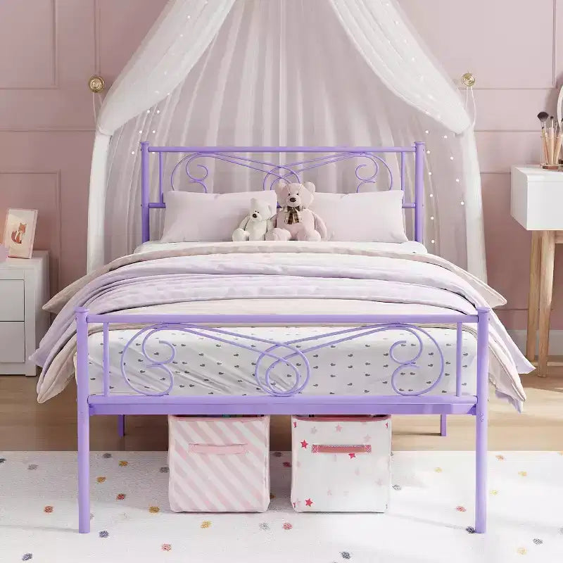Purple Twin Metal Bed Frame with Headboard, Footboard, 12.2-Inch Storage, Steel Slats, No Box Spring