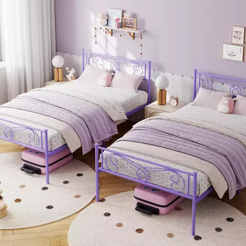 Purple Twin Metal Bed Frame with Headboard, Footboard, 12.2-Inch Storage, Steel Slats, No Box Spring