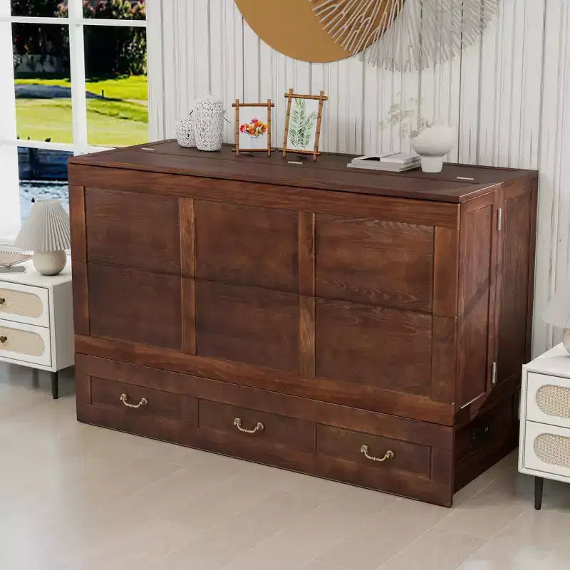 Keloyid Haimyy Solid Wood Frame Queen Murphy Bed Chest with Built-in Charger and 2 Strong Drawer