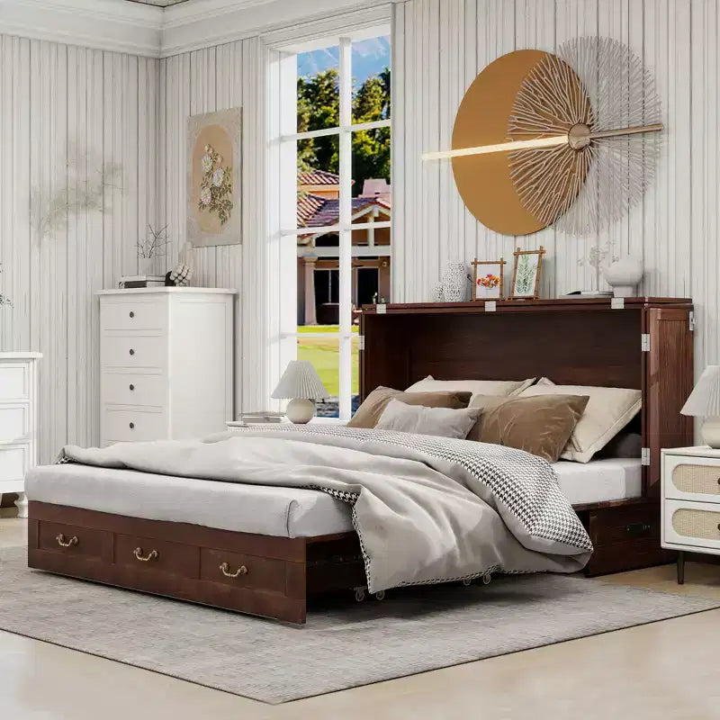 Keloyid Haimyy Solid Wood Frame Queen Murphy Bed Chest with Built-in Charger and 2 Strong Drawer