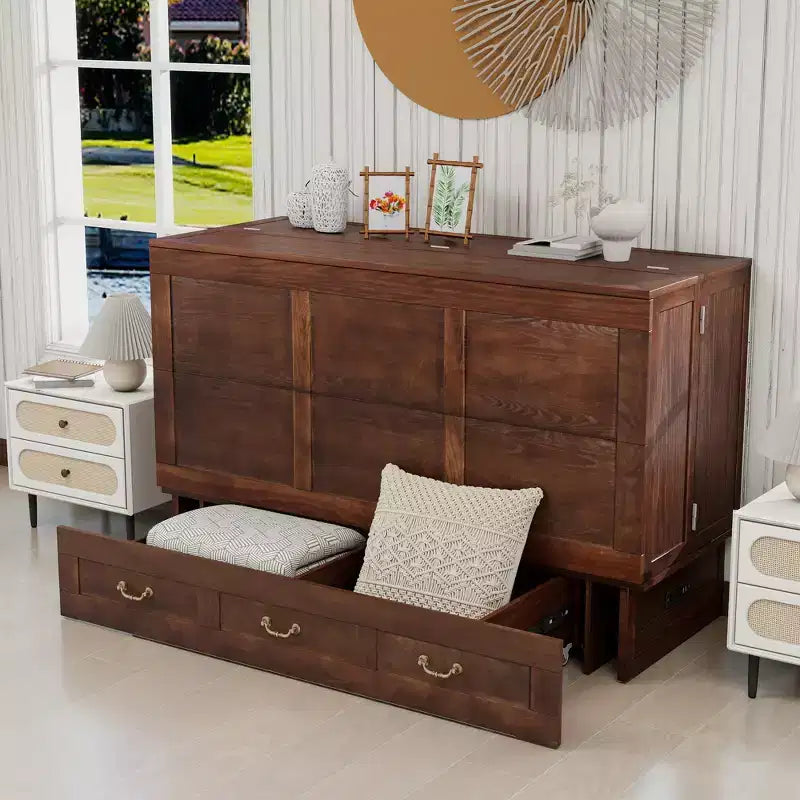 Keloyid Haimyy Solid Wood Frame Queen Murphy Bed Chest with Built-in Charger and 2 Strong Drawer