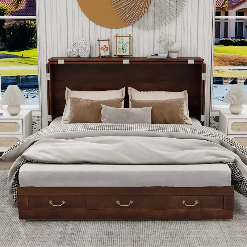 Keloyid Haimyy Solid Wood Frame Queen Murphy Bed Chest with Built-in Charger and 2 Strong Drawer