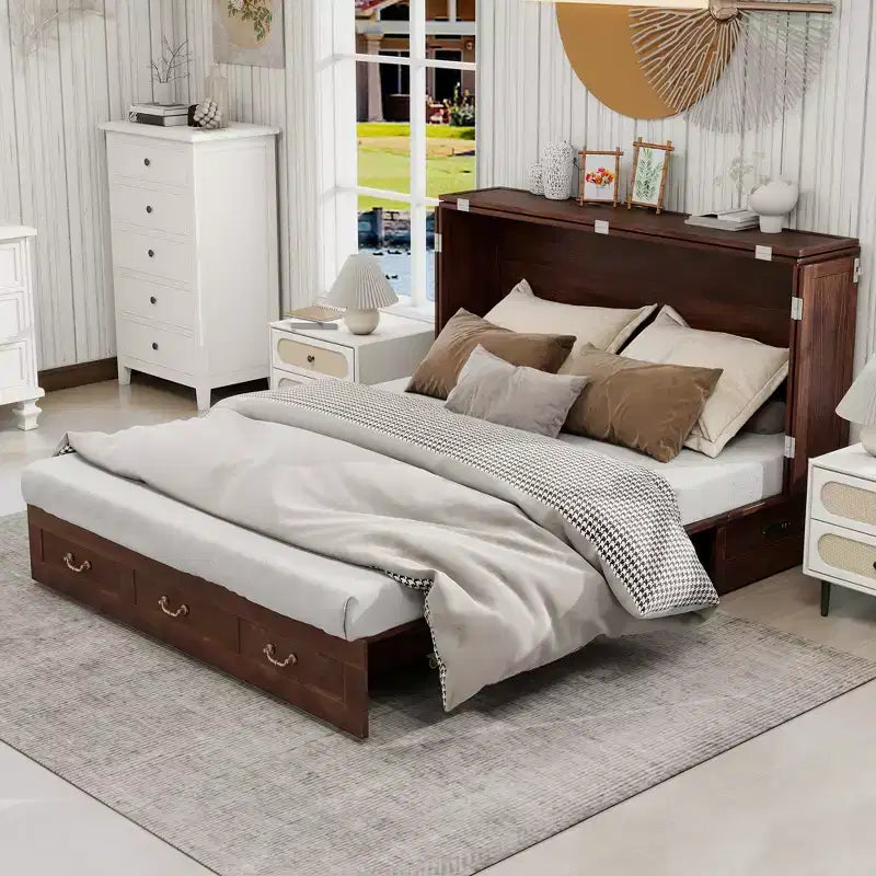 Keloyid Haimyy Solid Wood Frame Queen Murphy Bed Chest with Built-in Charger and 2 Strong Drawer