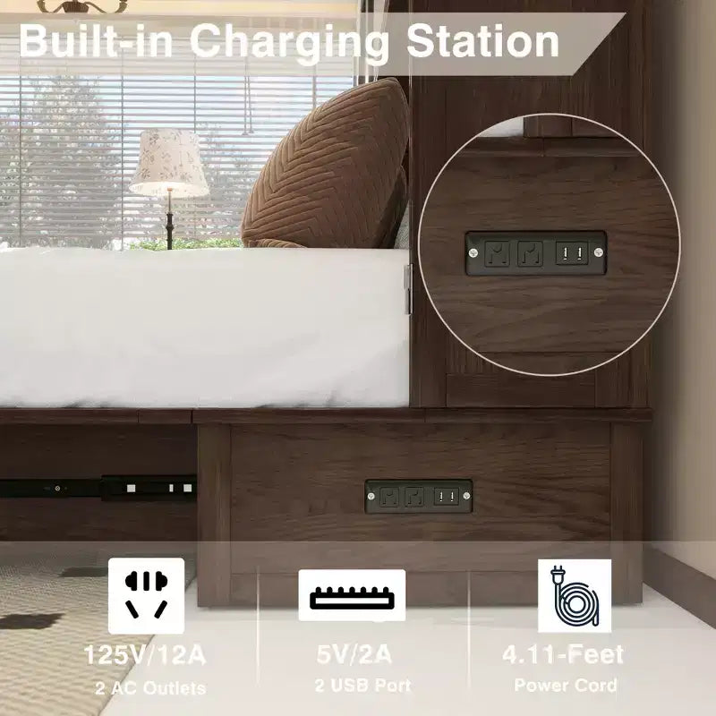 Keloyid Haimyy Solid Wood Frame Queen Murphy Bed Chest with Built-in Charger and 2 Strong Drawer