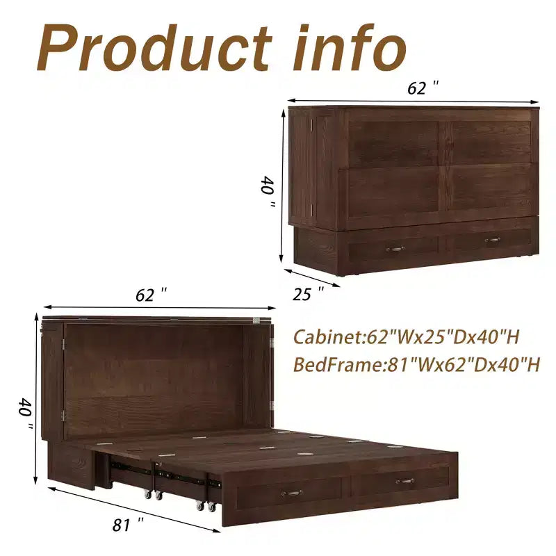 Keloyid Haimyy Solid Wood Frame Queen Murphy Bed Chest with Built-in Charger and 2 Strong Drawer