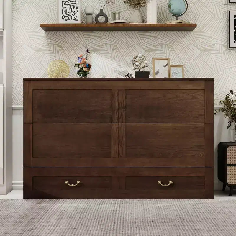 Keloyid Haimyy Solid Wood Frame Queen Murphy Bed Chest with Built-in Charger and 2 Strong Drawer
