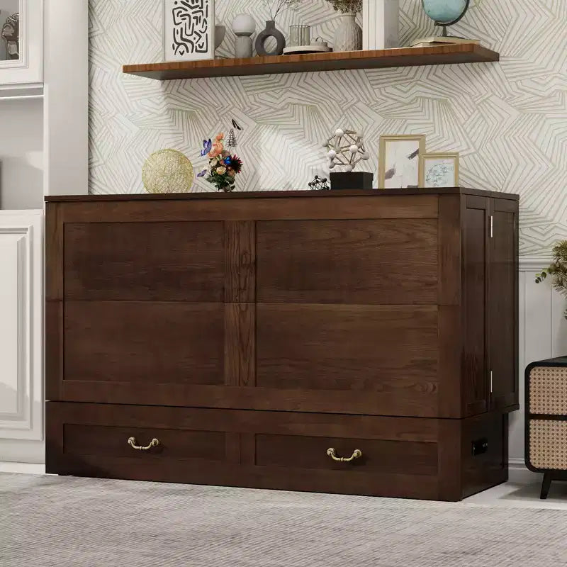 Keloyid Haimyy Solid Wood Frame Queen Murphy Bed Chest with Built-in Charger and 2 Strong Drawer