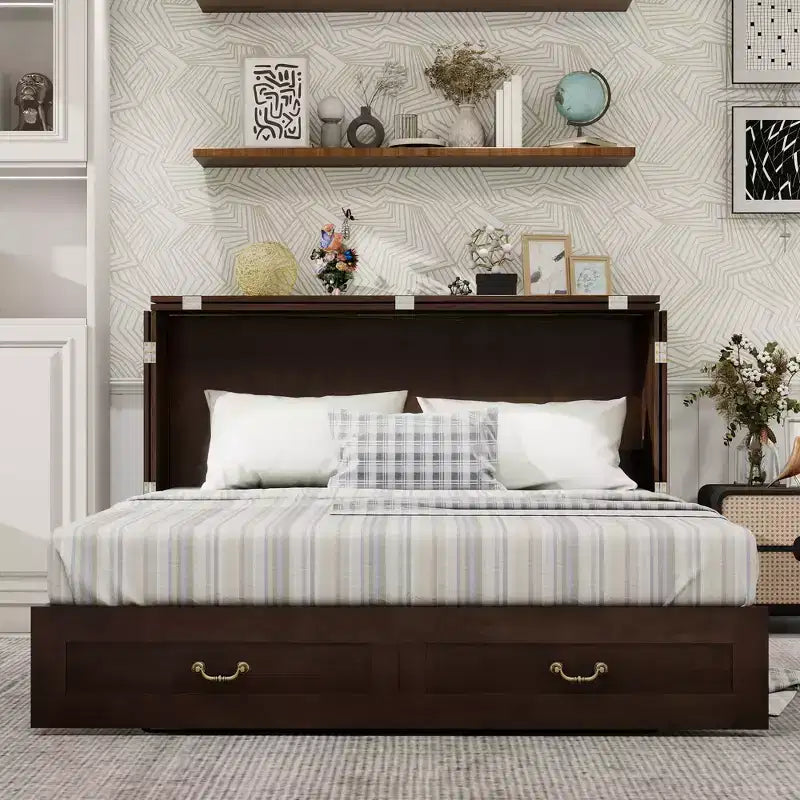 Keloyid Haimyy Solid Wood Frame Queen Murphy Bed Chest with Built-in Charger and 2 Strong Drawer