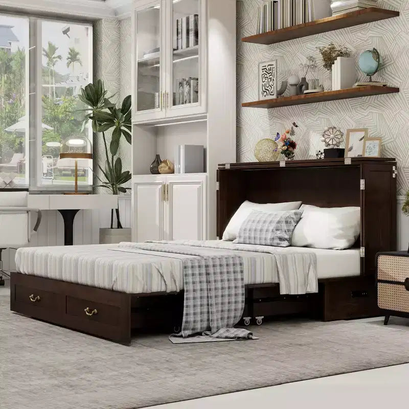 Keloyid Haimyy Solid Wood Frame Queen Murphy Bed Chest with Built-in Charger and 2 Strong Drawer