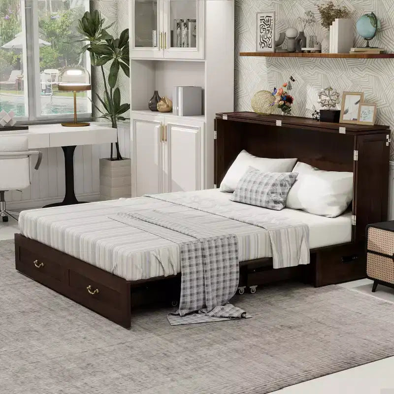 Keloyid Haimyy Solid Wood Frame Queen Murphy Bed Chest with Built-in Charger and 2 Strong Drawer