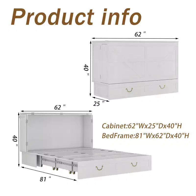 Keloyid Haimyy Solid Wood Frame Queen Murphy Bed Chest with Built-in Charger and 2 Strong Drawer