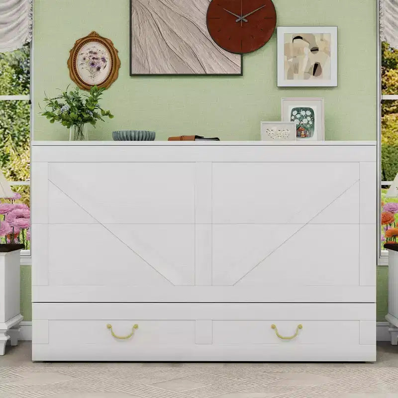 Keloyid Haimyy Solid Wood Frame Queen Murphy Bed Chest with Built-in Charger and 2 Strong Drawer