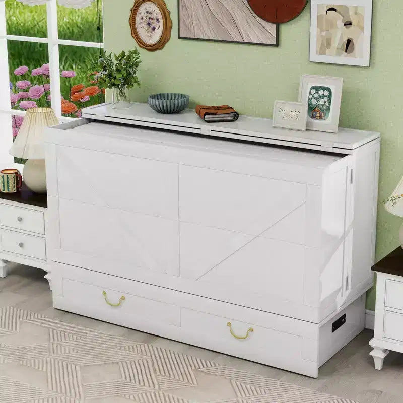Keloyid Haimyy Solid Wood Frame Queen Murphy Bed Chest with Built-in Charger and 2 Strong Drawer