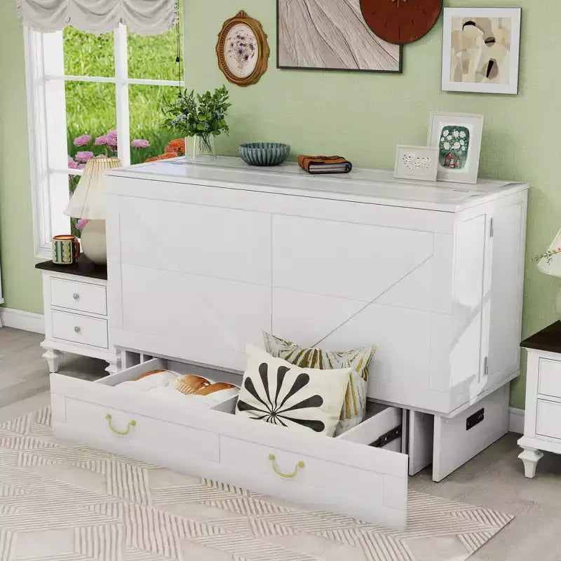 Keloyid Haimyy Solid Wood Frame Queen Murphy Bed Chest with Built-in Charger and 2 Strong Drawer