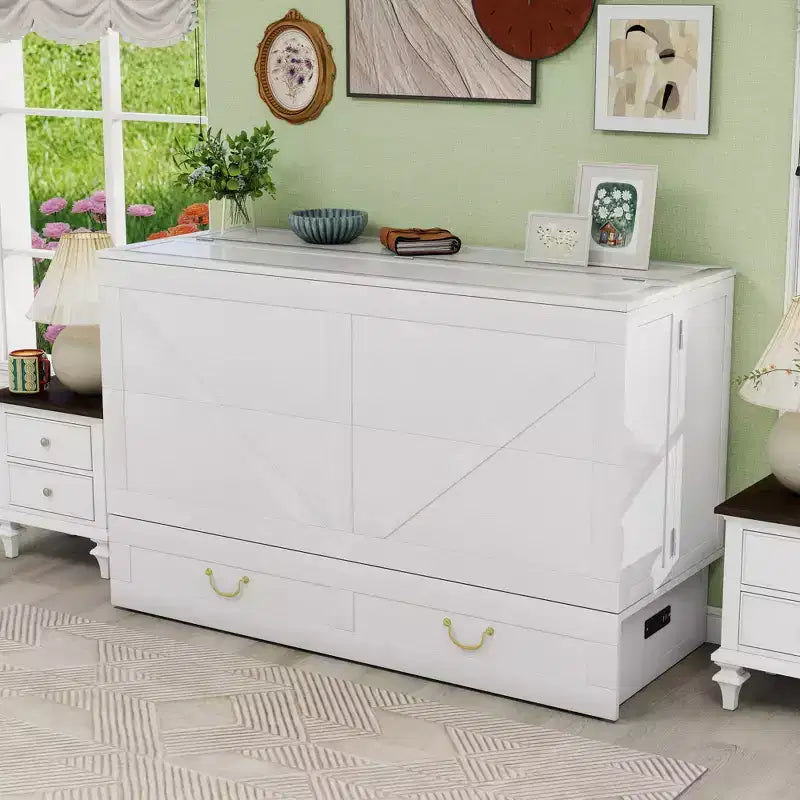 Keloyid Haimyy Solid Wood Frame Queen Murphy Bed Chest with Built-in Charger and 2 Strong Drawer