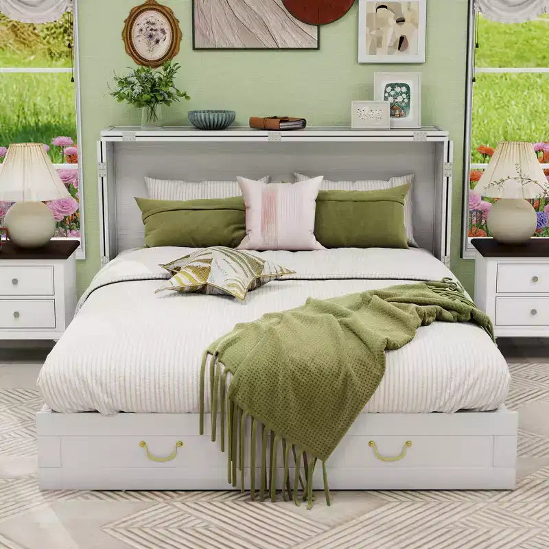 Keloyid Haimyy Solid Wood Frame Queen Murphy Bed Chest with Built-in Charger and 2 Strong Drawer